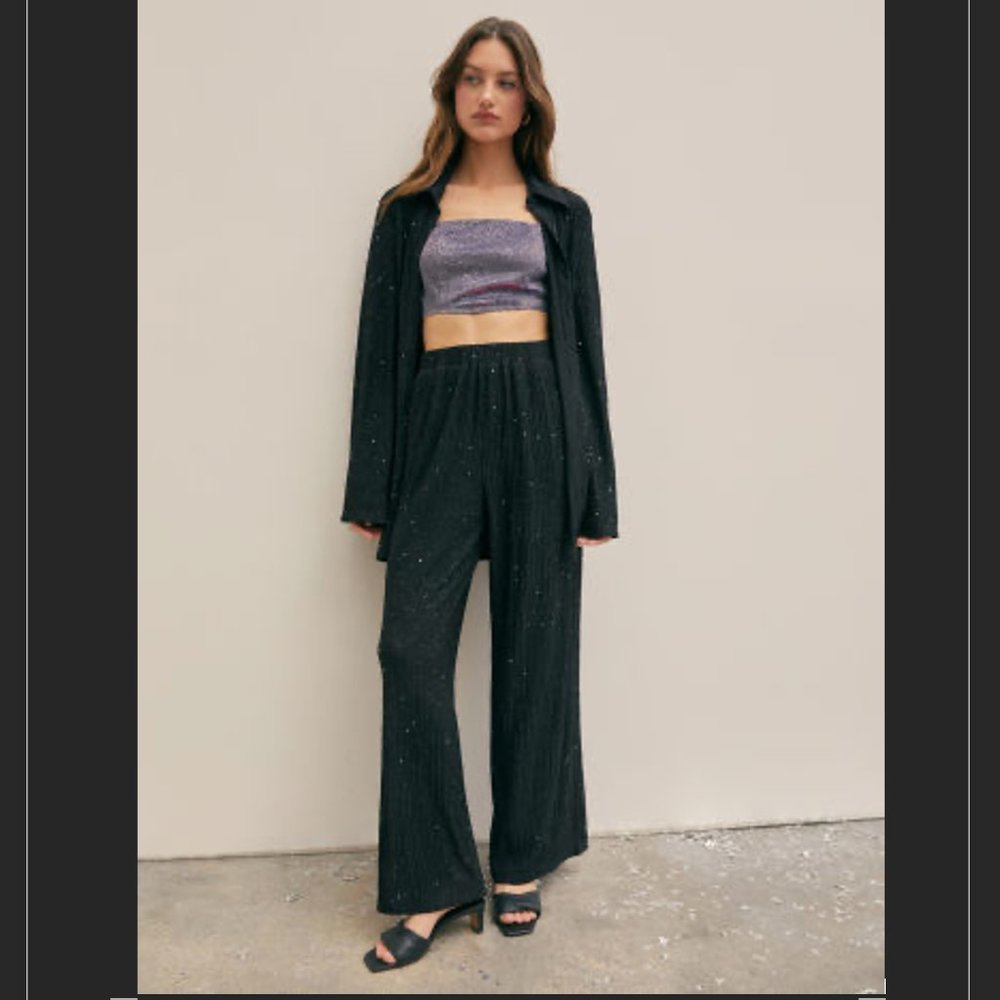 GLITTER COLLAR BUTTON DOWN CRINKLE BLOUSE PANTS SET